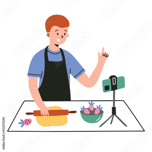 Boy shooting cooking video, man blogger bakes on phone camera, food blog icon, vector doodle illustration of kitchen utensils, isolated colored clipart on white background