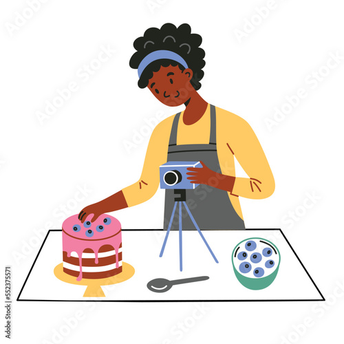 Woman taking photo of homemade cake, food blogger baking pastry, decorating cake icon, vector doodle illustration of cook with camera, isolated colored clipart on white background