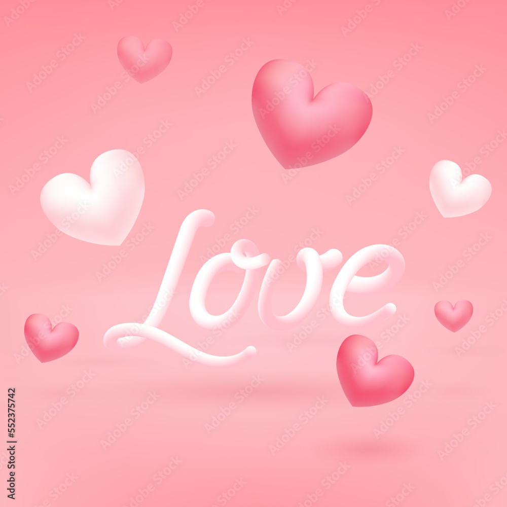 Valentines day pink romantic background with 3d balloon hearts. Realistic 3d love design. Romantic lettering. Vector illustration for website, posters, ads, coupons, promotion.