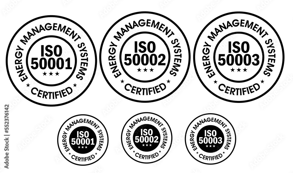 'Energy management system certified' vector icon set, including , iso50001, iso50002, iso50003