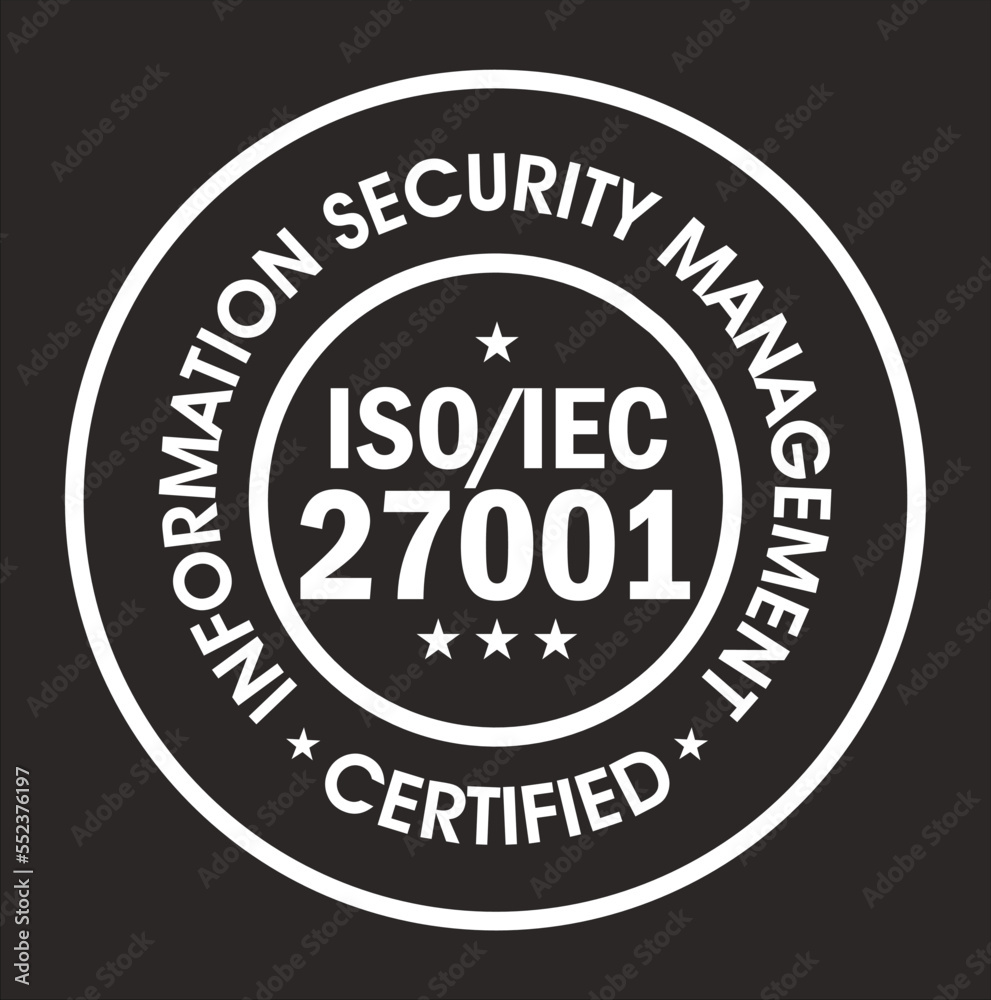 'ISO 27001 CERTIFIED' VECTOR ICON. INFORMATION SECURITY MANAGEMENT ABSTRACT