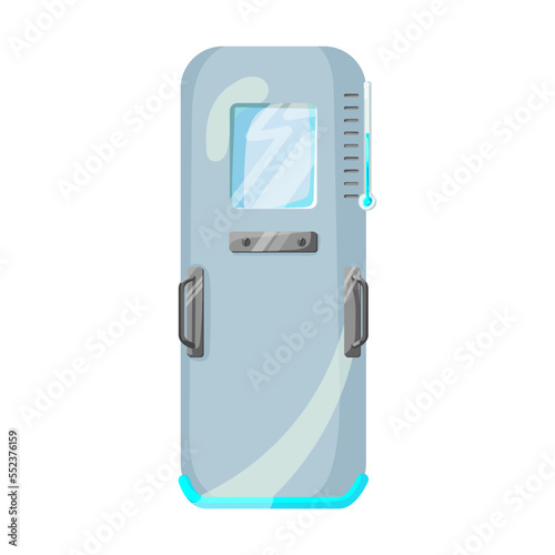 Futuristic cryogenic capsule room vector illustration. Cryo capsule or tank for frozen humans or spacemen, medical equipment with cryogenic on white background