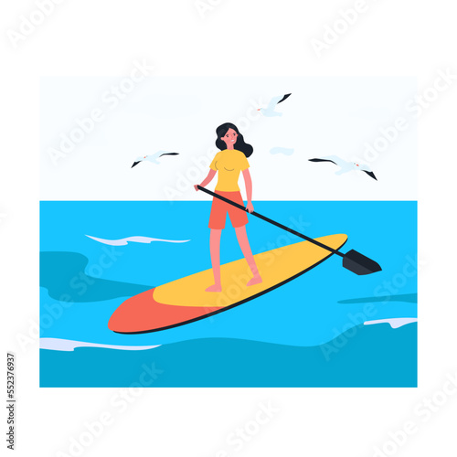 Girl standing on board with paddle. Flat vector illustration. Young woman interested in stand-up paddle boarding, doing water sports, swimming on water. Sport, surfing concept