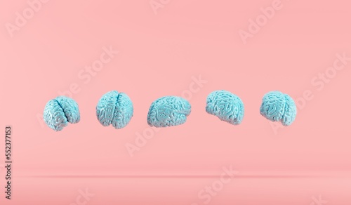 Blue color brains Floating on pink background. 3D Render. Minimal idea concept creative.