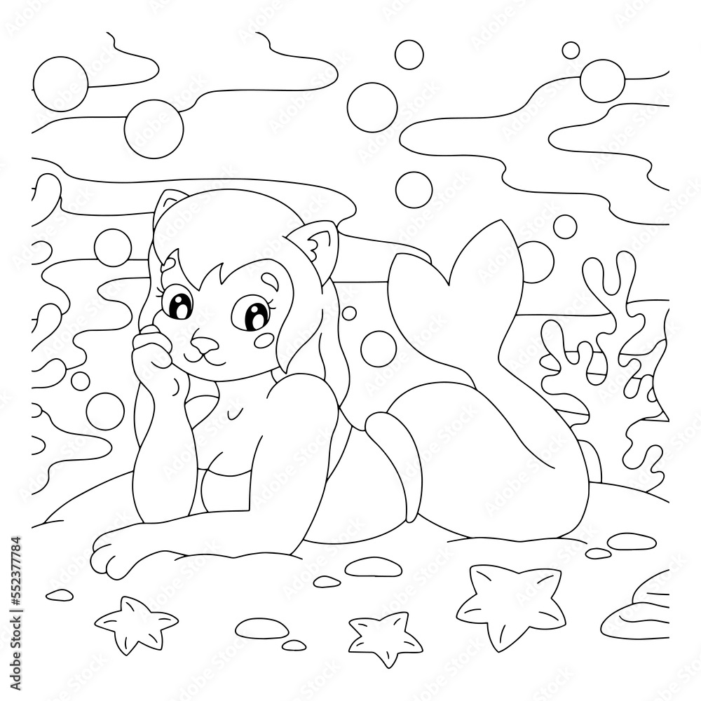 Coloring book page for kids. Cute mermaid. Cartoon style character ...