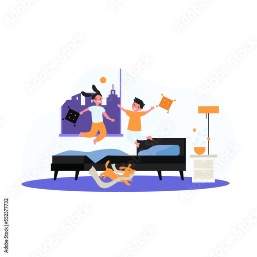 Cartoon children jumping on bed. Flat vector illustration. Kids having fun in pyjamas while jumping and pillow fight with happy dog running around. Family, fun, play, activity
