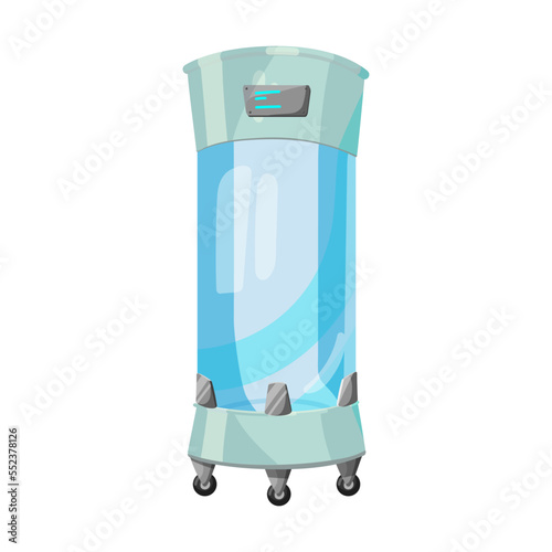 Futuristic cryogenic glazed vertical cabin with transparent glass vector illustration. Cryo capsule for frozen spacemen, medical equipment with cryogenic on white background