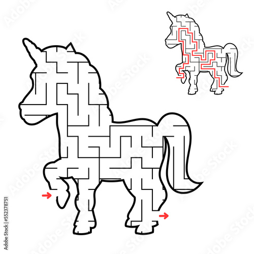 Abstract maze. Game for kids. Puzzle for children. Labyrinth conundrum. Find the right path. Education worksheet. With answer.