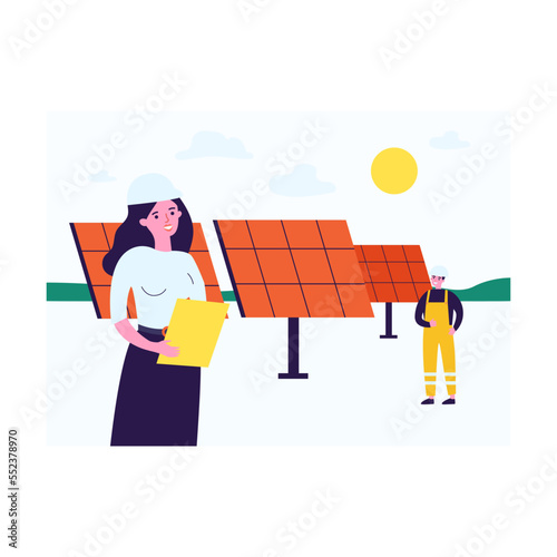 Electricians installing solar panels in field. Professional cartoon technicians setting up renewable energy sources flat vector illustration. Alternative energy concept for banner