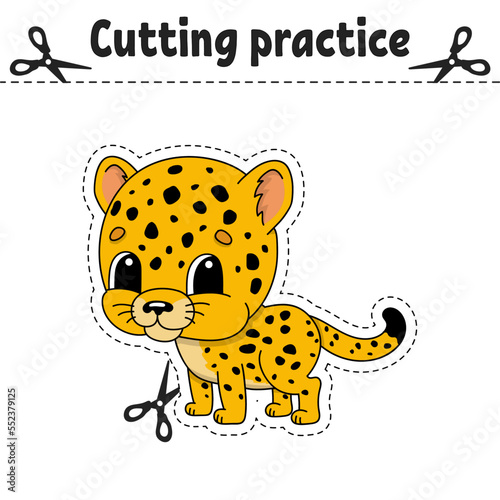 Cutting practice. Educational activity worksheet for kids and toddlers. Game for children. Vector illustration.