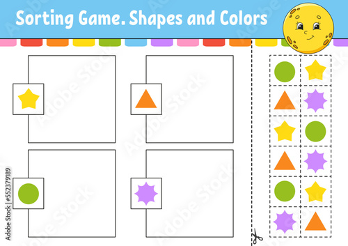 Sorting game. Shapes and colors. Cut and glue. Education developing worksheet. Game for kids. Color activity page. Puzzle for children. Cute character. Vector illustration. cartoon style.