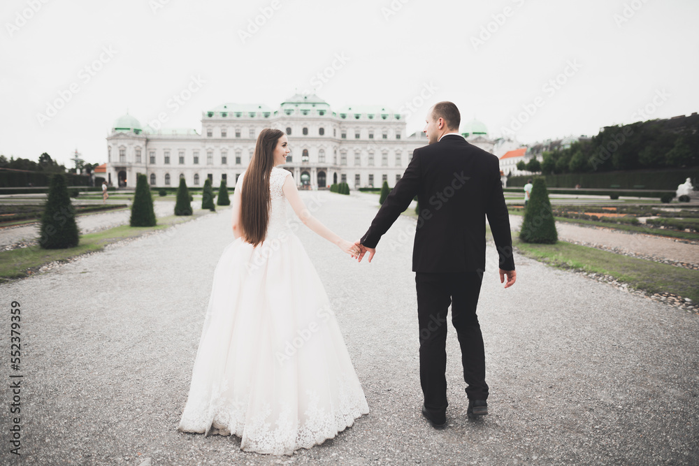 Beautiful bride and groom embracing and kissing on their wedding day outdoors