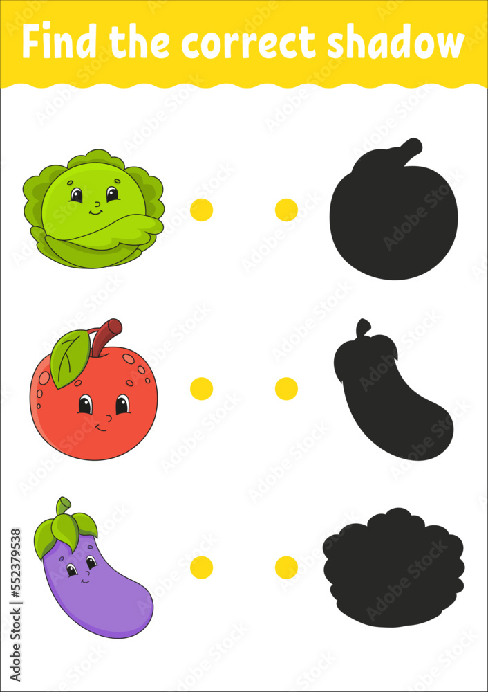 Find the correct shadow. Education developing worksheet. Matching game for kids. Color activity page. Puzzle for children. Cute character. Vector illustration.
