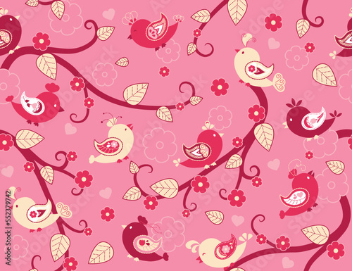 Valentines Day Paisley Birds Pattern. Whimsical vector illustration. Stylized pink and yellow love birds fluttering branches and flowers. Pattern is vector and repeats seamlessly. 