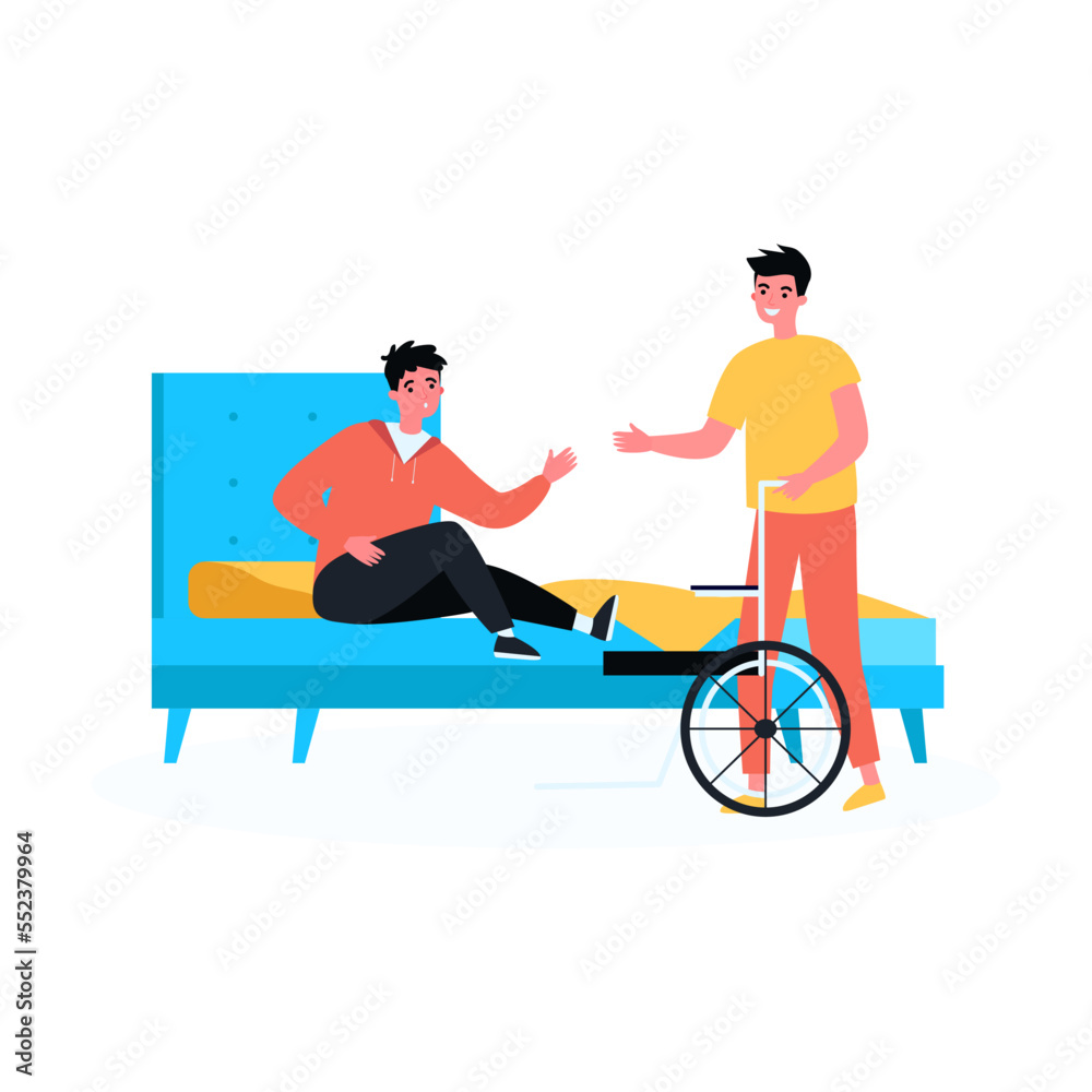 Friend or assistant helping man get on wheelchair from bed. Person with disability in bedroom flat vector illustration. Assistance, disability, friendship concept, website design Friend or assistant helping man get on wheelchair from bed. Person with disability in bedroom flat vector illustration. Assistance, disability, friendship concept, website design