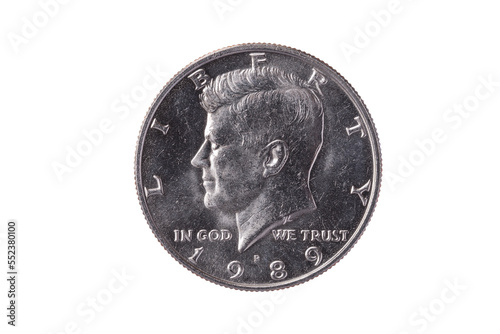 USA half dollar nickel coin (50 cents) dated 1989 with a portrait image of President John Kennedy, png stock photo file cut out and isolated on a transparent background