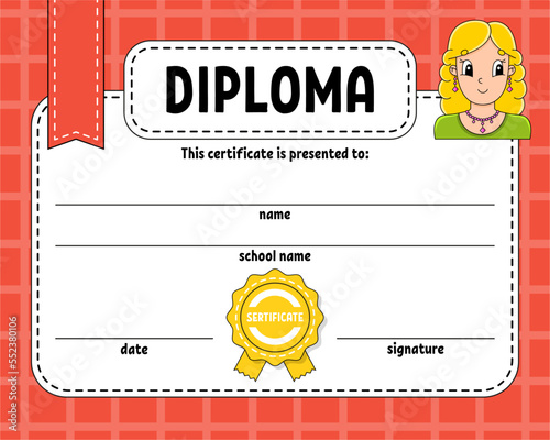 Diploma sertificate template. For school and preschool. For kids and children. Vector illustration.