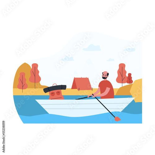 Elderly man going on hike flat vector illustration. Grandfather floating on river  sitting in boat  tent on shore. Camping  old age  retirement  travel  vacation  tourism concept
