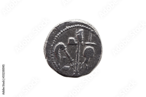 Silver Roman denarius coin replica of Roman emperor Julius Caesar celebrating his conquest of Gaul showing sacrificial implements, png stock photo file cut out and isolated on a transparent background photo