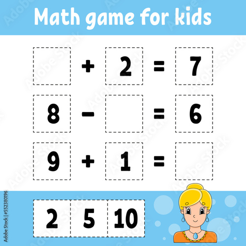 Math game for kids. Education developing worksheet. Activity page with pictures. Game for children. Color isolated vector illustration. Funny character. Cartoon style.