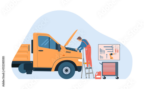 Concept for truck repair service. Mechanic with wrench, truck, tools and gears. Vector illustration.