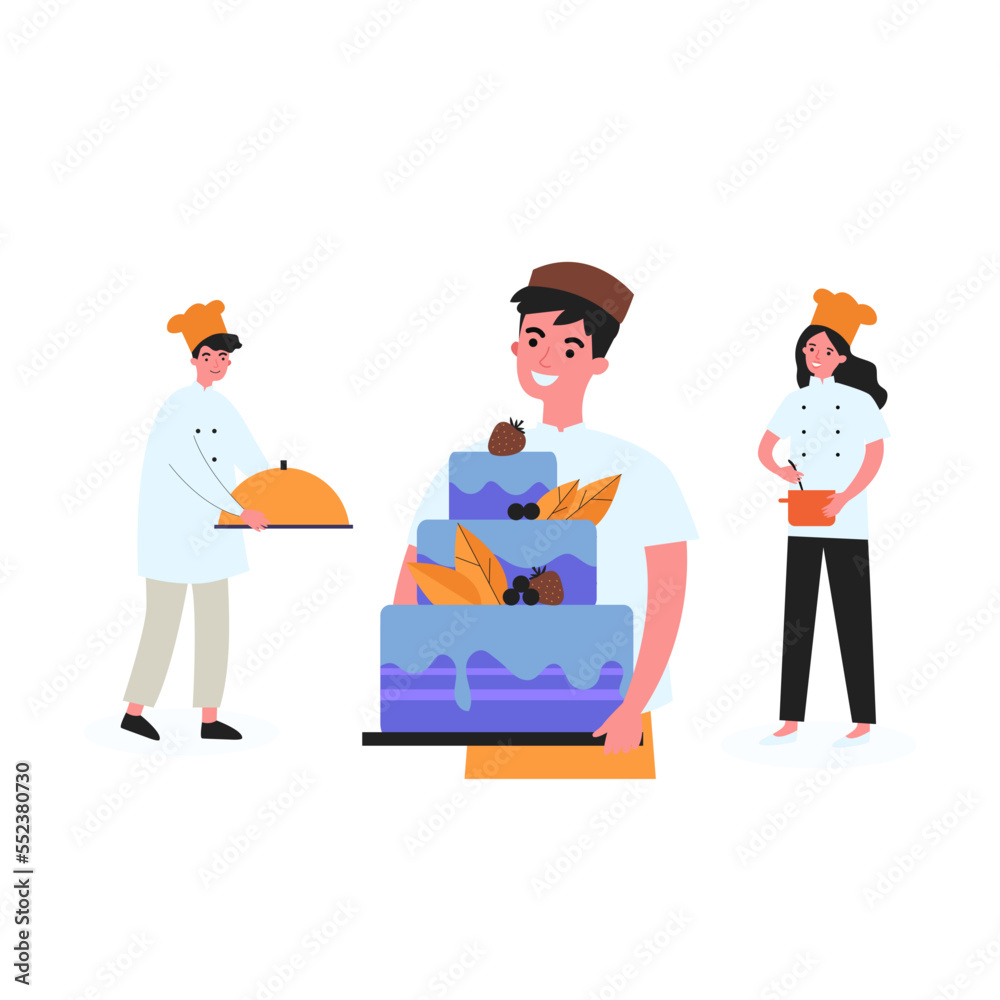 Happy confectioner holding big cake. Smiling cook finishing order, proud colleagues flat vector illustration. Cooking, cafe, restaurant concept for banner, website design Happy confectioner holding big cake. Smiling cook finishing order, proud colleagues flat vector illustration. Cooking, cafe, restaurant concept for banner, website design