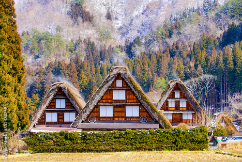 Three gassho-style houses in Shirakawa-go village