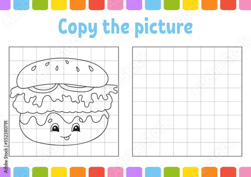 Copy the picture. Coloring book pages for kids. Education developing worksheet. Game for children. Handwriting practice. Funny character. Cute cartoon vector illustration.