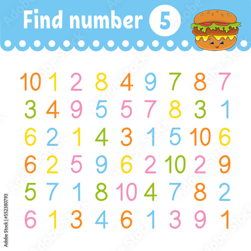 Find number. Education developing worksheet. Activity page with pictures. Game for children. Funny character. cartoon style. Vector illustration.