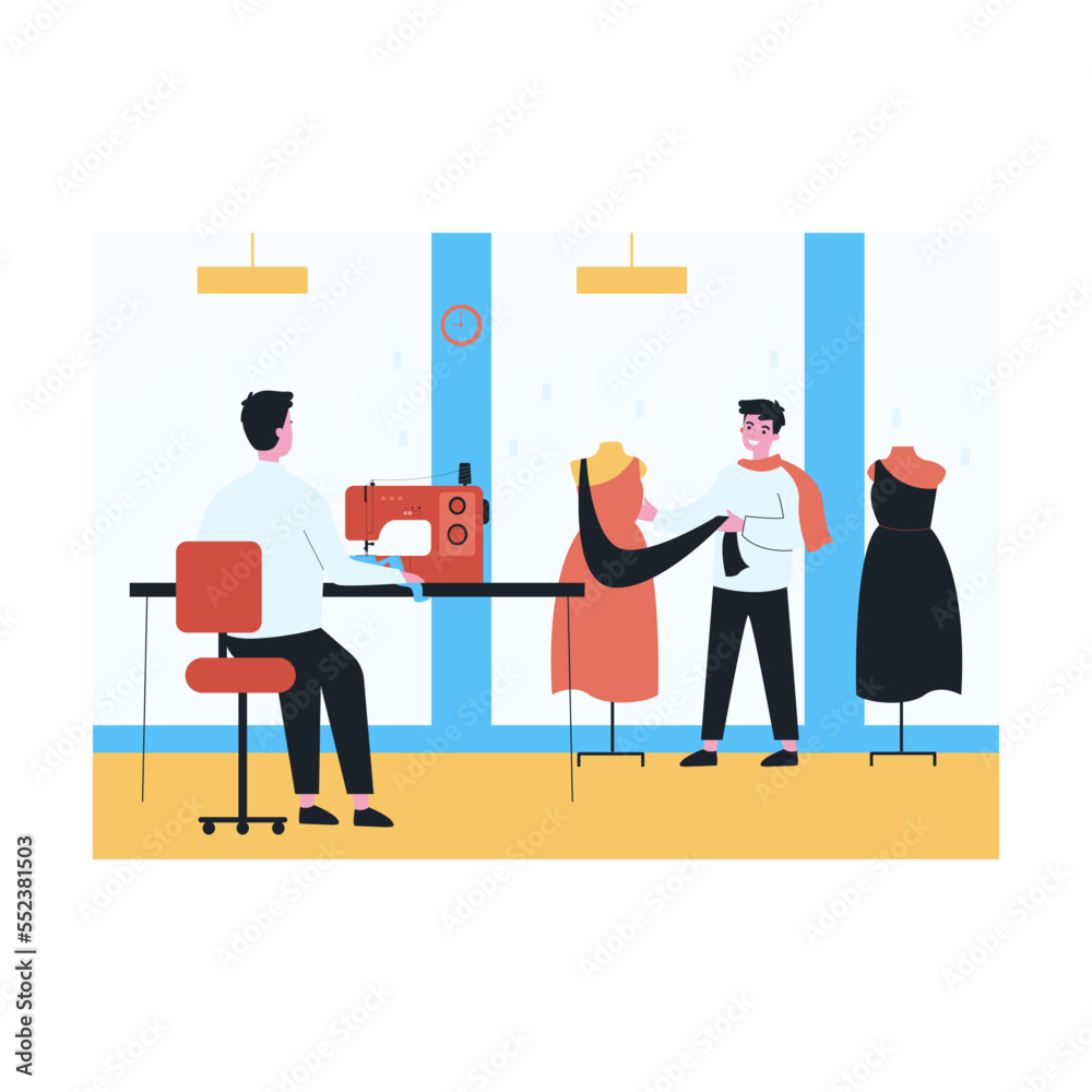 Tailor making dresses using sewing machine. Designer or customer looking at clothes on mannequins flat vector illustration. Fashion, clothing concept for banner, website design