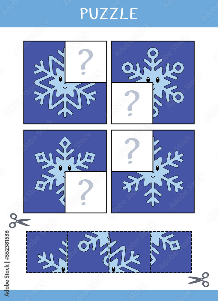 Puzzle for kids. Find the missing parts of the picture. Simple educational game. Cut and glue. Vector worksheet Puzzle for kids. Find the missing parts of the picture. Simple educational game. Cut and glue. Vector worksheet