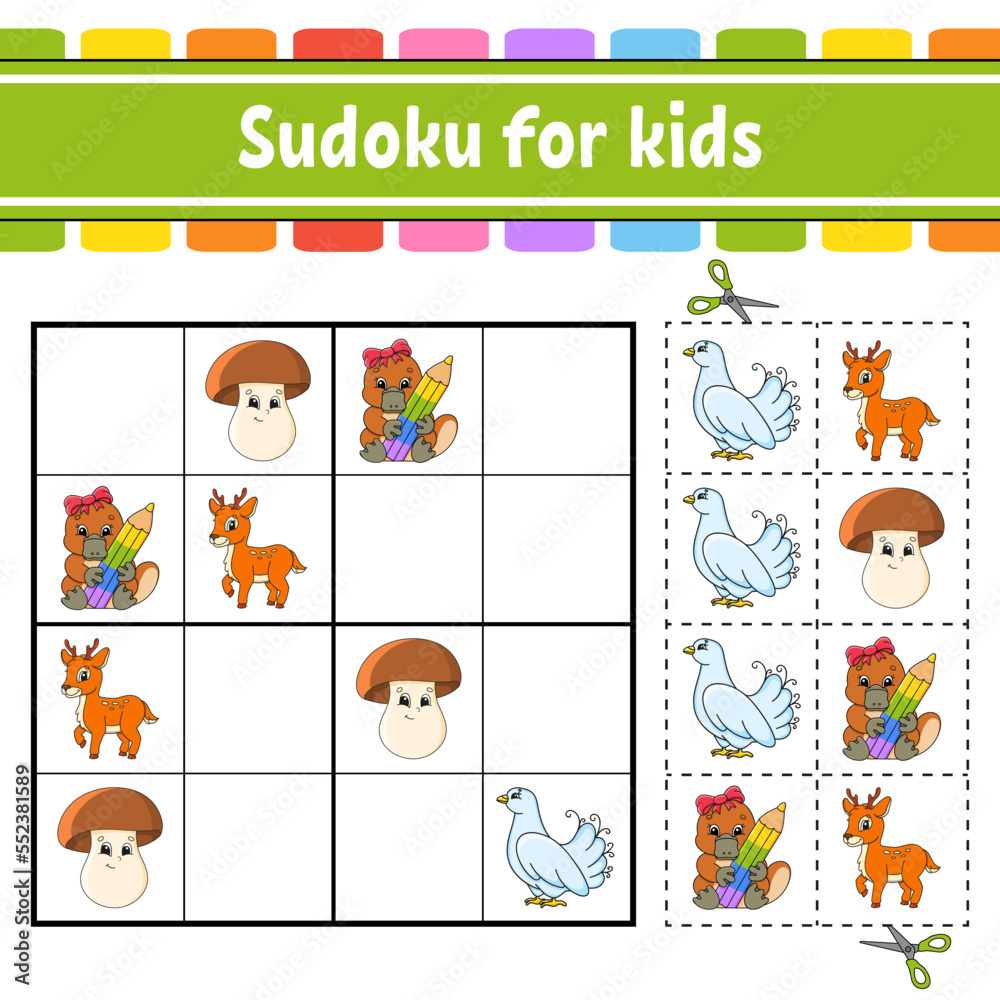 Fototapeta premium Sudoku for kids. Education developing worksheet. Activity page with pictures. Puzzle game for children. Logical thinking training. Isolated vector illustration. Funny character. cartoon style.