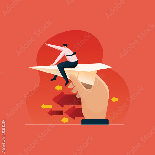 Hand Holding Paper plane and Helping businessman to Take off vector concept, Helping Hand Illustration