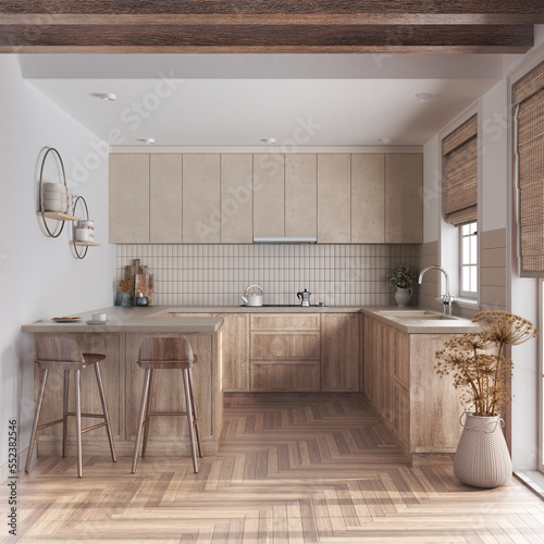 Fototapeta Naklejka Na Ścianę i Meble -  Farmhouse kitchen in white and beige tones. Bleached wooden cabinets, island with stools, parquet floor. Modern interior design
