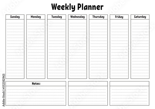 Weekly planner. Blank minimalistic printable template. Vector illustration.
