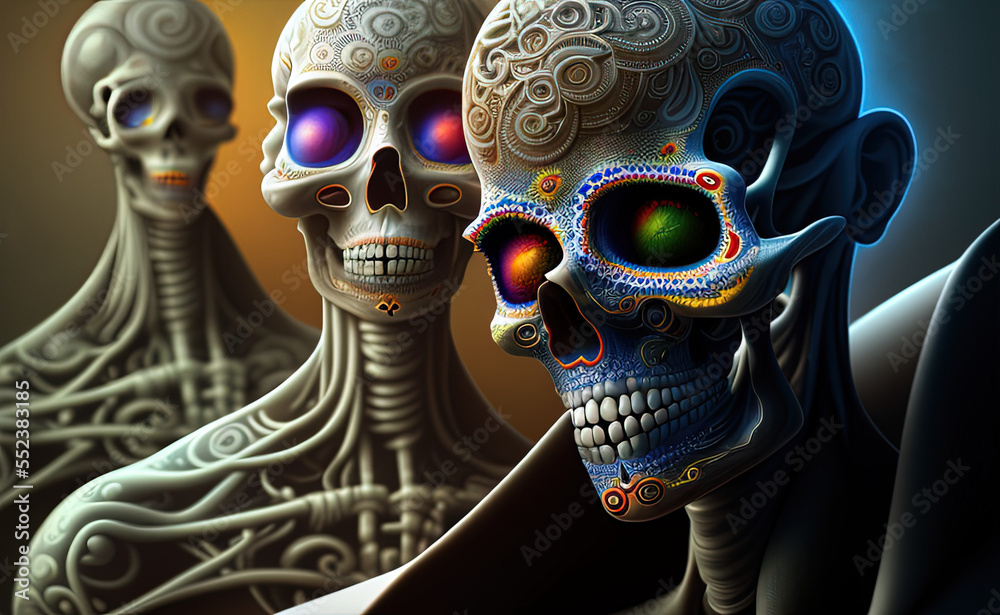 Dia de los muertos theme surrealist art of Skull People - AI Generated