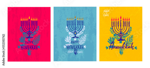 Set of hand drawn Hanukkah greeting cards. Template print for posters, invitations, holiday cards. Happy Hanukkah. Festival of lights. Calligraphy banners in vintage colors. Vector illustration.
