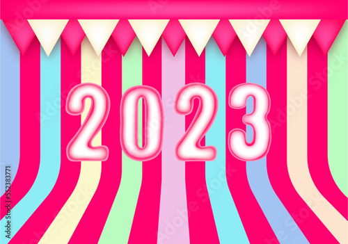 The inscription 2023 in the style of marshmallows. Background for a pastry shop in the style of figures 2023 from marshmallows.