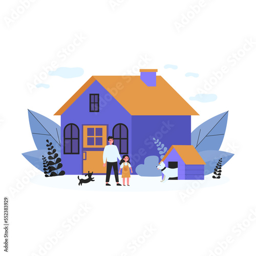Happy man, girl and dogs in front of house. Backyard, guardian, kennel flat illustration. Lifestyle and domestic animals concept for banner, website design or landing web page