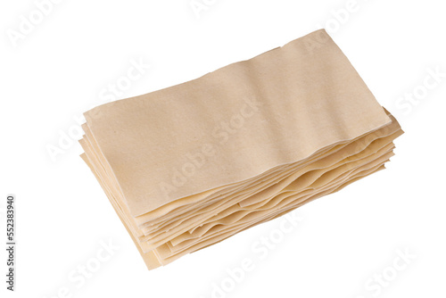 natural sheets of rectangular raw dough for lasagna isolated on white background. view from above