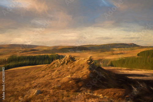 Digital painting of a winter sunset panoramic view of Baldstone  and Gib Torr in the Peak District National Park.