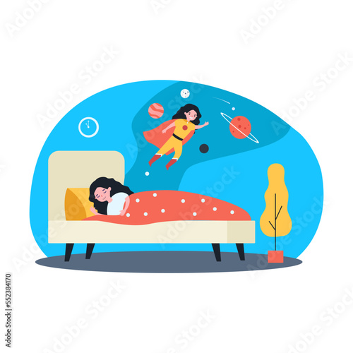 Girl having fantastic dreams while sleeping at night. Flat vector illustration. Little girl dreaming of flying into space as superhero in mantle. Sleeping, dream, childhood concept