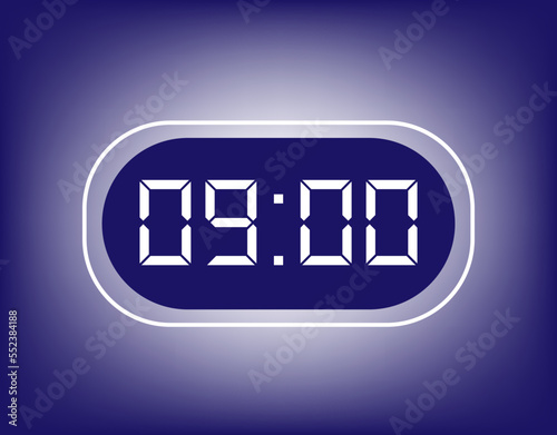 09:00 Hours alarm design. Icon of alarm clock setting appointment time. Clock with digital numbers on blue gradient background