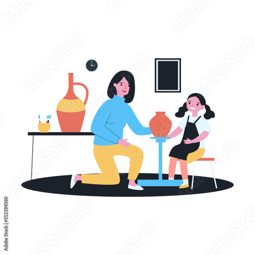Mom and daughter making clay vases. Flat vector illustration. Woman and girl in apron creating pottery and painting it in pottery studio. Family, hobby, creativity, pottery art