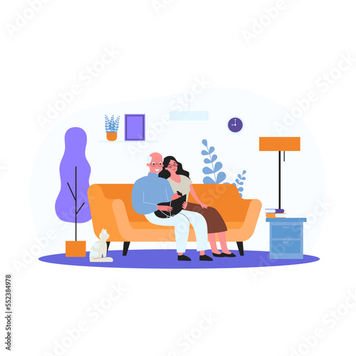 Cartoon grandparents and little grandchild. Flat vector illustration. Grandfather, grandmother sitting on couch, holding little baby in blue blanket with cat beside