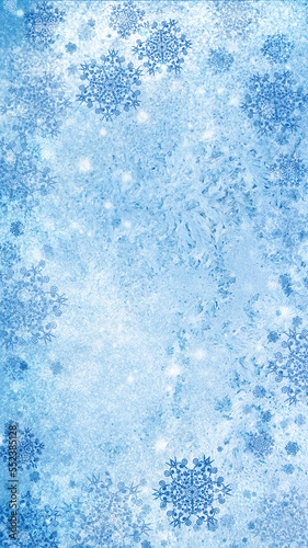 Snowy winter blue background. Snowflakes, neon glow, blurred lights