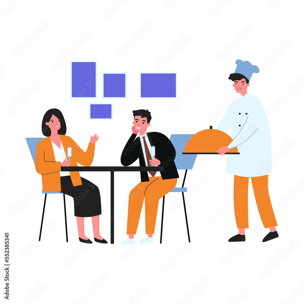 Married couple drinking champagne at restaurant. Husband and wife chatting, waiter with order flat vector illustration. Restaurant, dating concept for banner, website design Married couple drinking champagne at restaurant. Husband and wife chatting, waiter with order flat vector illustration. Restaurant, dating concept for banner, website design