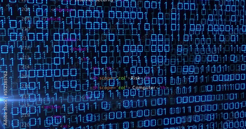 Animation of binary coding and data processing over screen