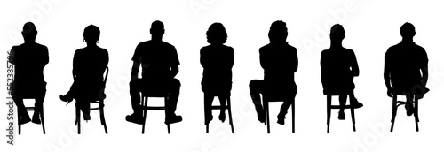 back view of a  silhouette of a group women and men sitting on chair on white background photo