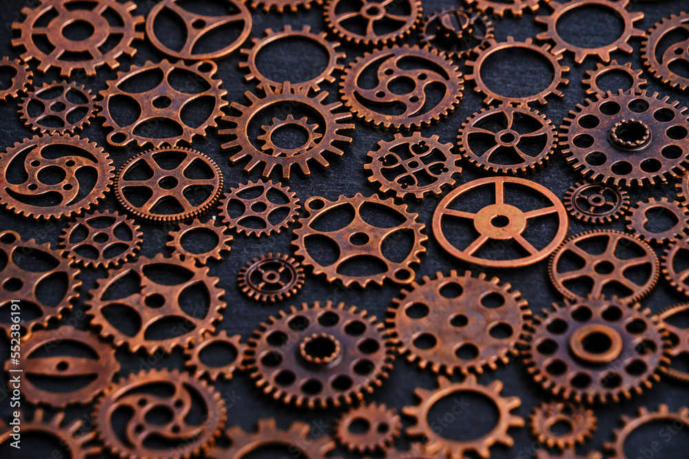 Background with metal, various, copper gears.